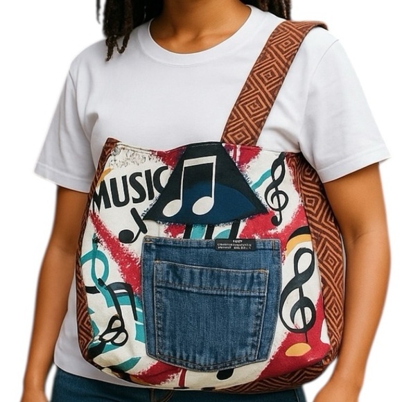 Vibrant Music-Themed Hobo Denim Pocket Embroidered Reverse Canvas Back Bag NWOT - Picture 8 of 14